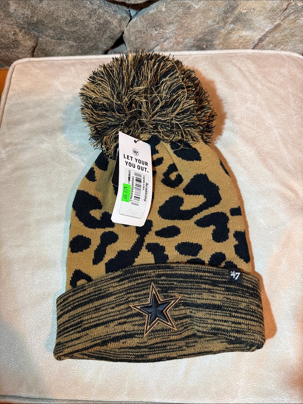 ‘47 Women’s Dallas Cowboys Leopard Pom Beanie Hat in Tan and Black
